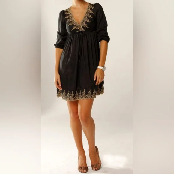 H&M | Dresses | Hm Black Vneck Dress With Gold Embroidered Detailing Size 8  | Poshmark